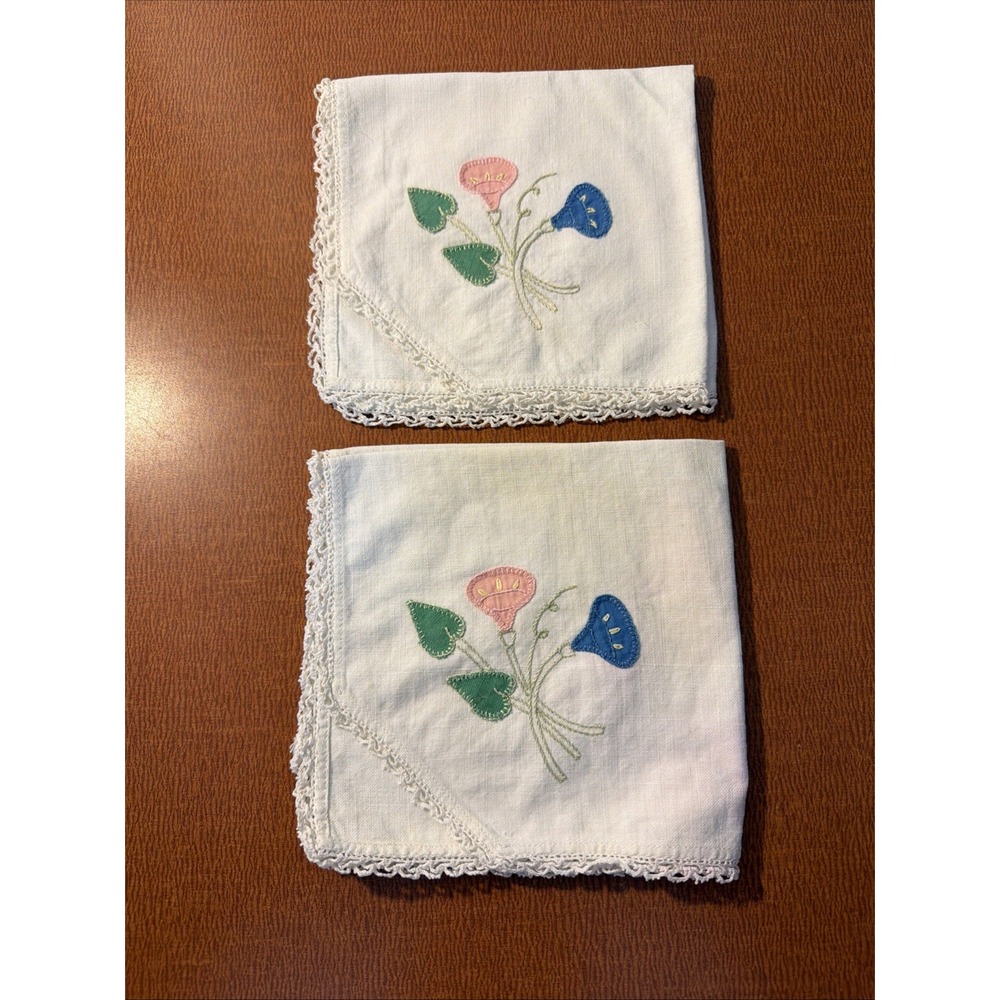 Vtg Hand Appliqué Lace Trimmed Set Of 2 Linen Napkins Exc Cond
